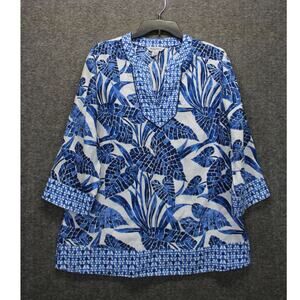 Tommy Bahama Mosaic Palm Tunic Top Linen Island Blue 3/4 Sleeve Size Medium